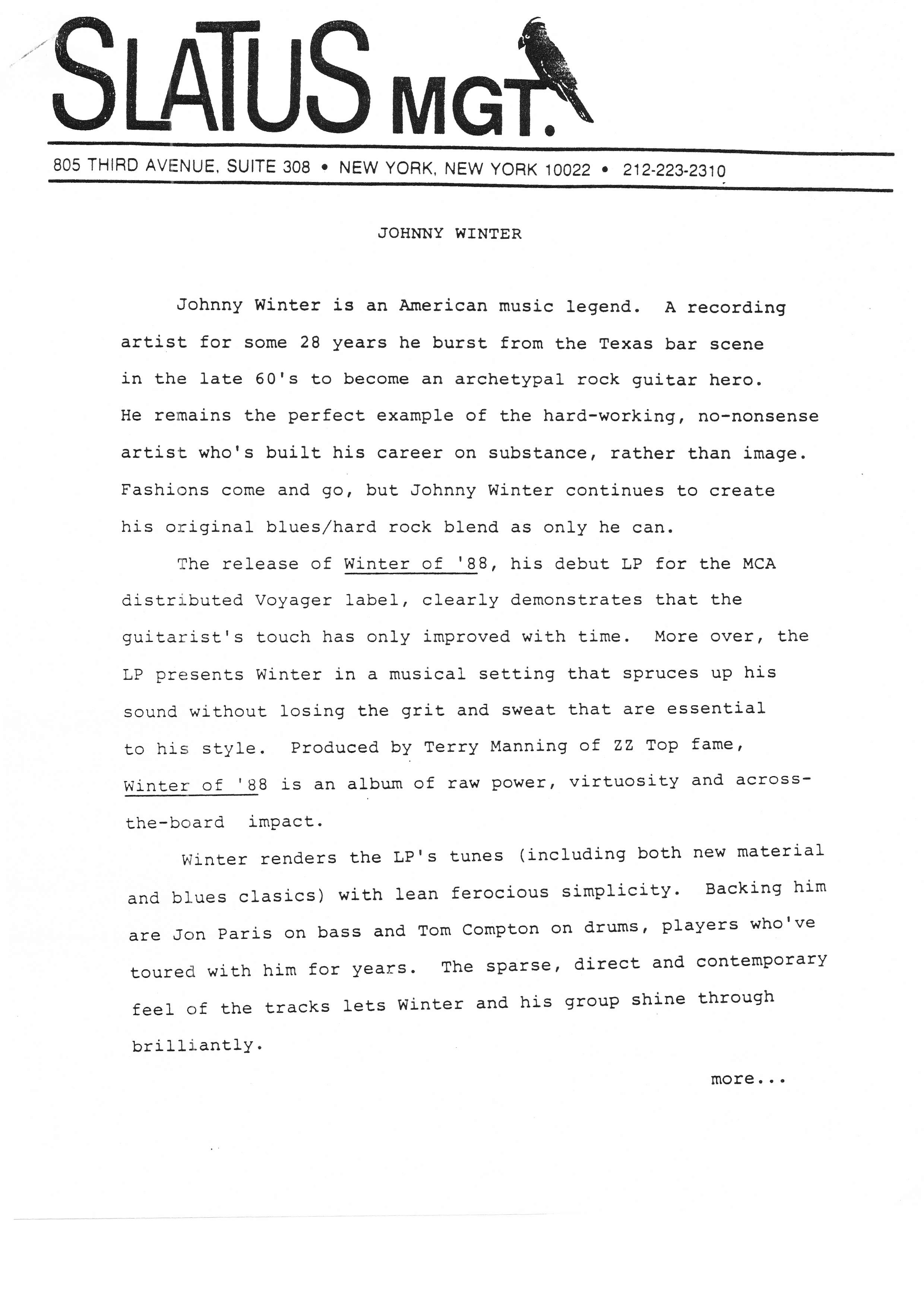 Press release of "Winter of '88" incl Johnny Winter career description, by Slatus Management Part I/V